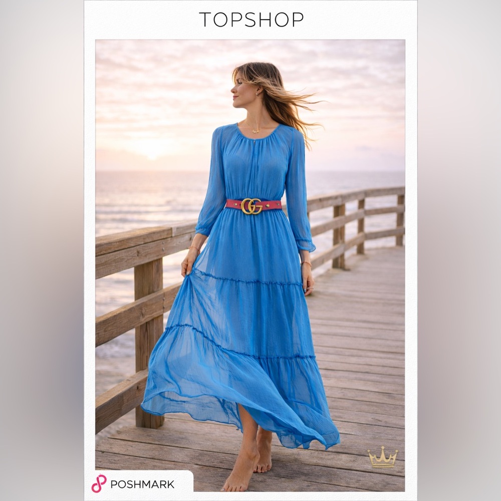Topshop Sheer Blue Textured Chiffon Tiered Boho Resort Dress Long Sleeve Size S